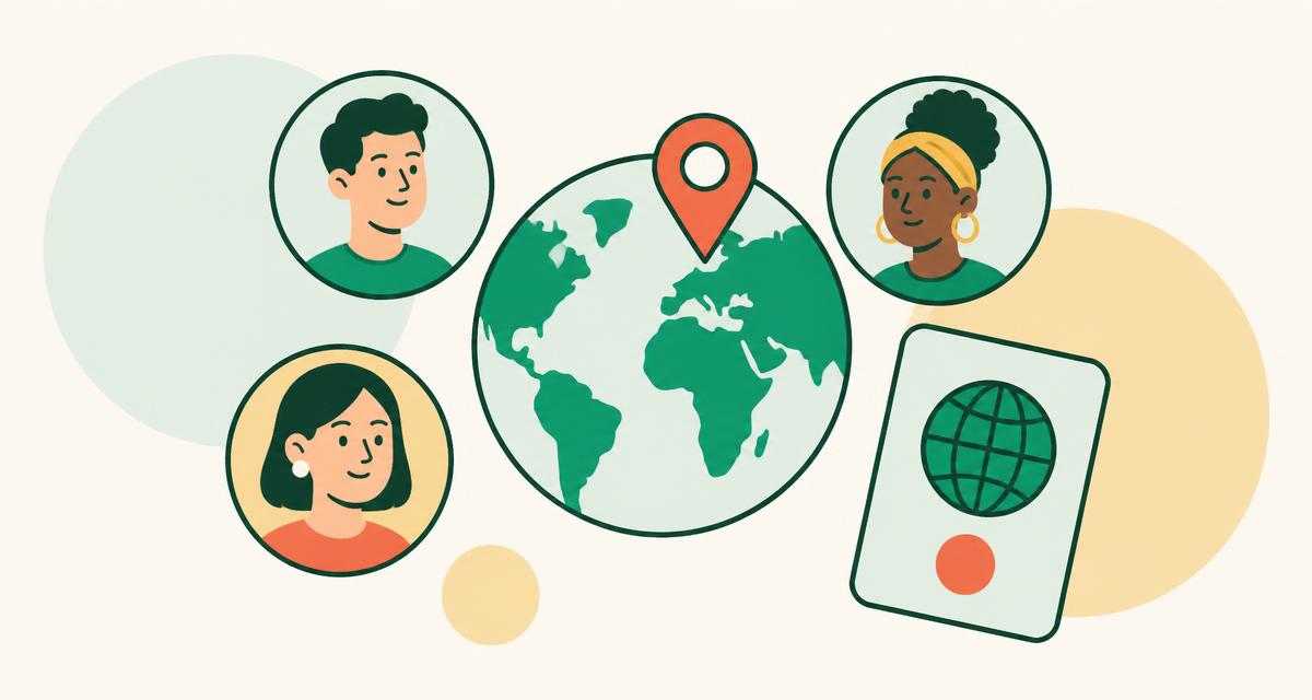 Illustration of a globe with a location pin, international worker portraits and a passport