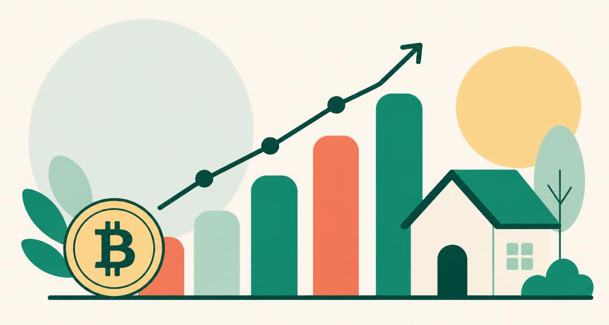 Illustration of a rising chart with a crypto coin and a house representing Irish capital gains tax